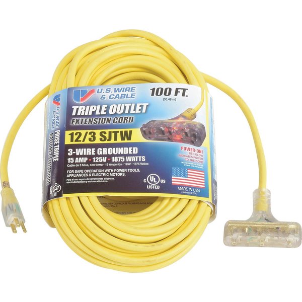 U.S. Wire & Cable 100 Ft. 12/3 SJTW-A Pow-R-Block Extension, Round, Yellow, 300V, Illuminated Plug 76100